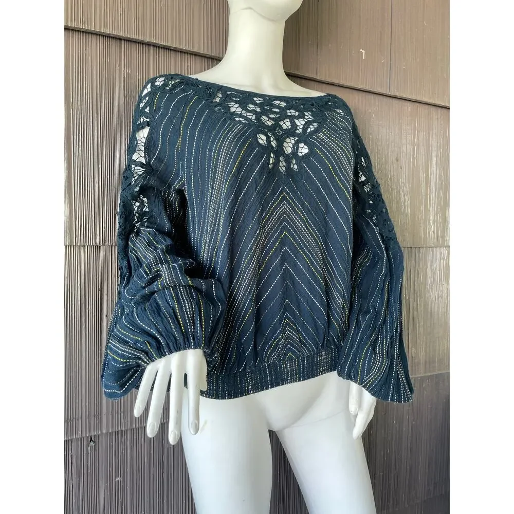 🔥Free People Floating Memories Navy Blouse Lace Panel Balloon Sleeves Boho M